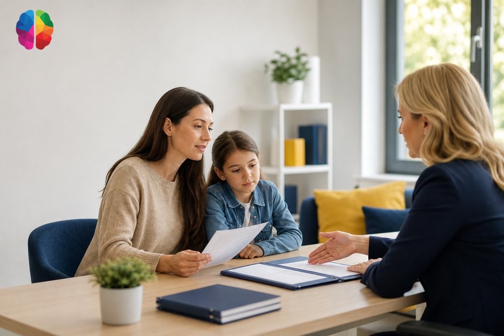 Parent consulting with psychologist before booking a psychoeducational assessment in a modern clinic