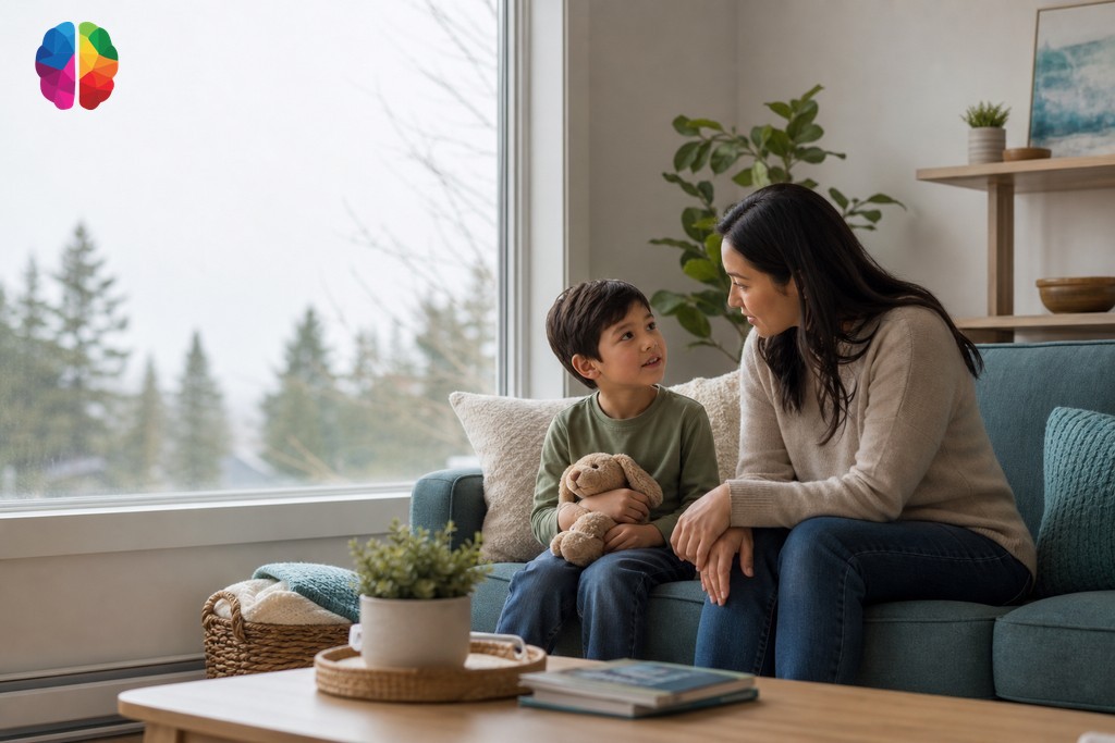 Parent and child having a calm reassuring conversation at home before psychoeducational assessment