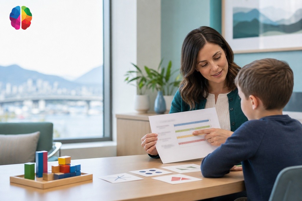 Child psychologist reviewing learning profile score domains with a young child during psychoeducational assessment session