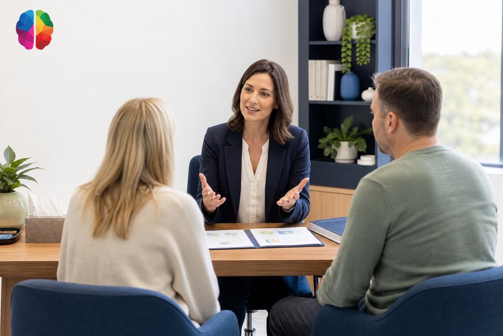 Psychologist consulting with parents in a modern Vancouver clinic room during an assessment discussion