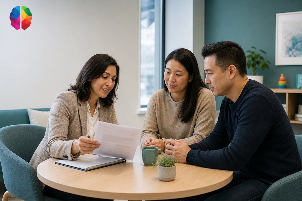 Clinician discussing post-assessment next steps with parents in a calm Vancouver clinic consultation room