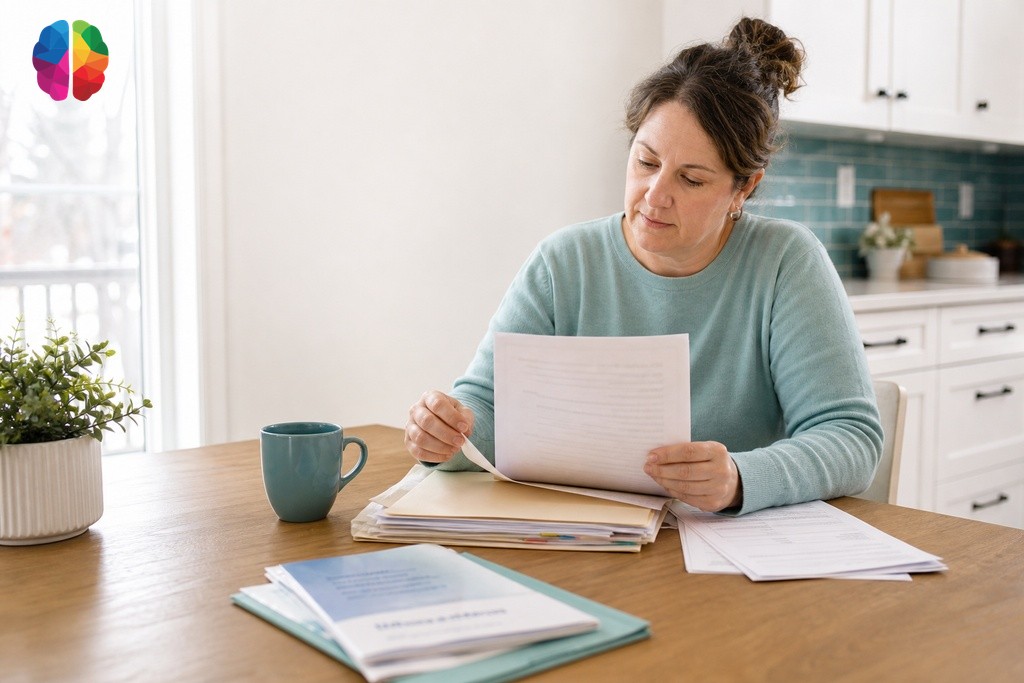Parent reviewing IEP documents and school support plan papers at home table before psychoeducational assessment