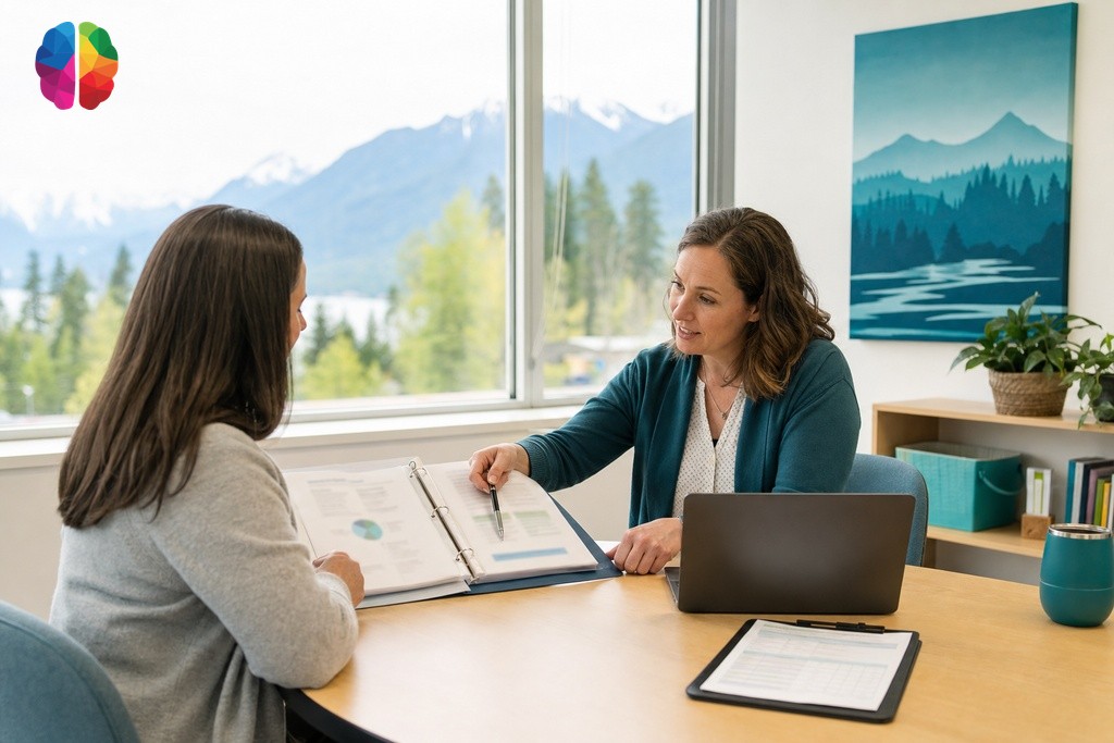 Parent and BC school coordinator reviewing psychoeducational assessment report for placement and accommodations planning