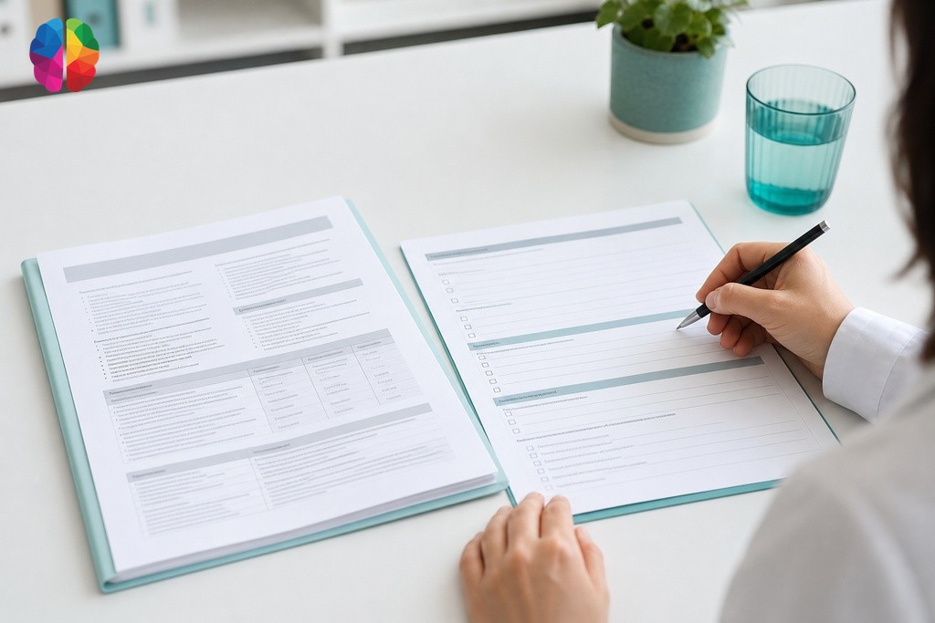 Clinician comparing psychoeducational report with a learning support plan document on a clean desk
