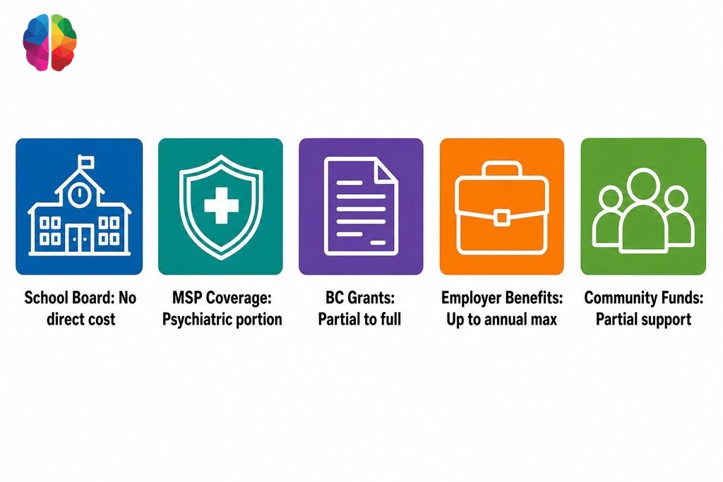 Five funding options for learning assessments in Vancouver: school boards, MSP, BC grants, employer benefits, and community f