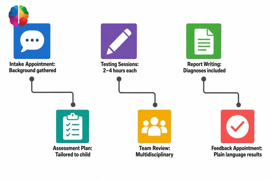 Six sequential stages of a psychoeducational assessment: intake, planning, testing, team review, report writing, and feedback