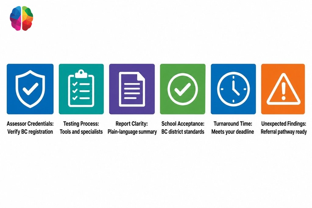 Key questions to ask before booking a learning assessment in BC, covering credentials, testing, reports, timelines, and schoo