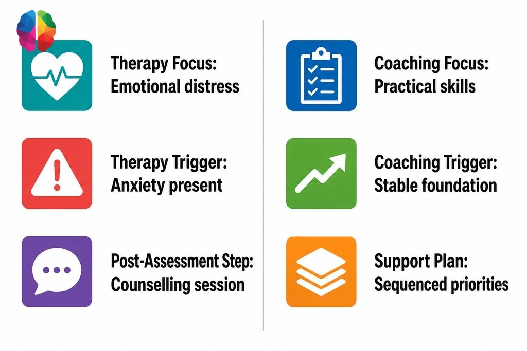 Infographic comparing therapy and coaching after a psychoeducational assessment, covering focus, best fit, and support planni